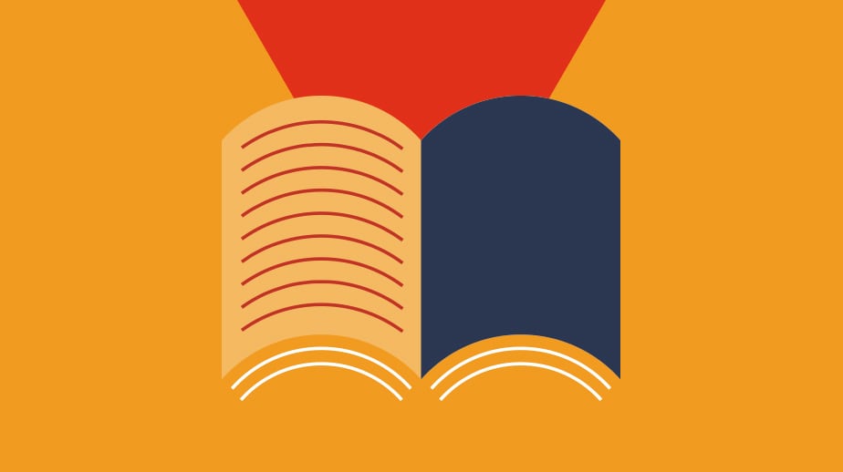 Immagine astratta a sfondo giallo di un libro. La pagina di destra contieni delle linee mentre la pagina di sinistra è interamente colorata di blu.